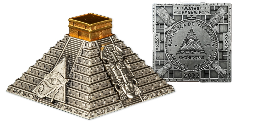 Sølvmynt formet som Maya Pyramiden