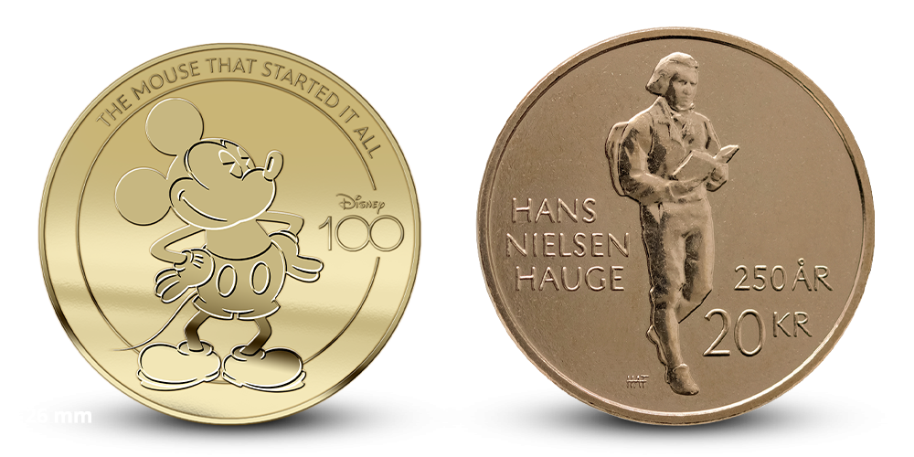Mikke Mus inspirert gullmynt sammenlignet med en Norsk 20 kroner