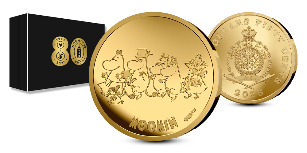 Mummi-gullmynten med hele familien og den spesialdesignede skrinet