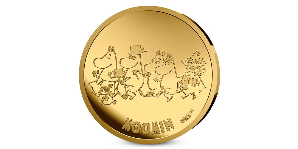 Forsiden av Mummi-gullmynten med hele familien