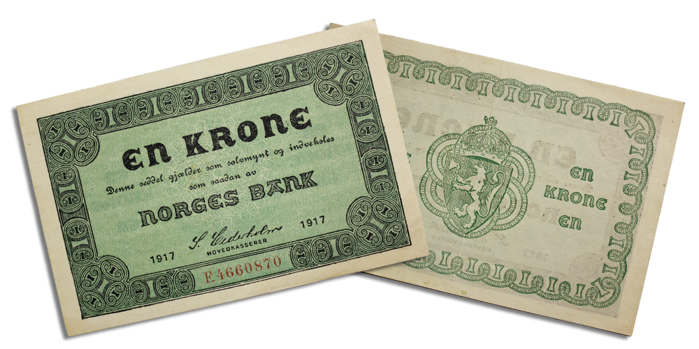 Advers og revers side av 1 krone nødseddel 1917