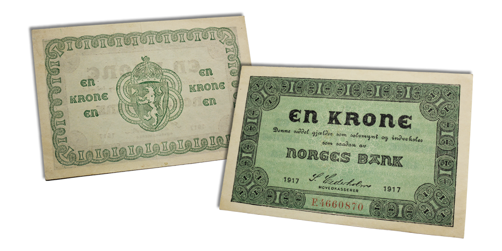 Advers og revers side av 1 krone nødseddel 1917