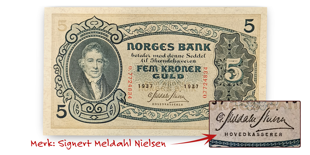 5 kroner 1937 fra andre seddelrekke signert Meldahl Nielsen 