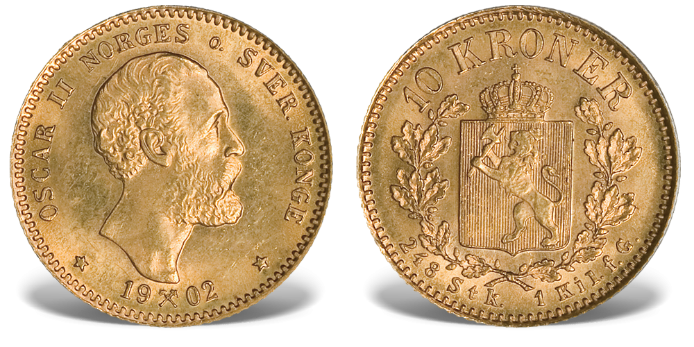 Norge Oscar II 10 kr 1877 gull