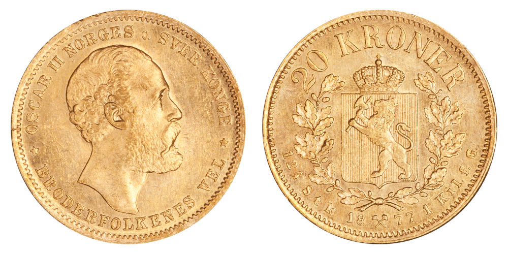 20 kroner 1877 advers og revers side 20 kroner 1877 advers og revers side