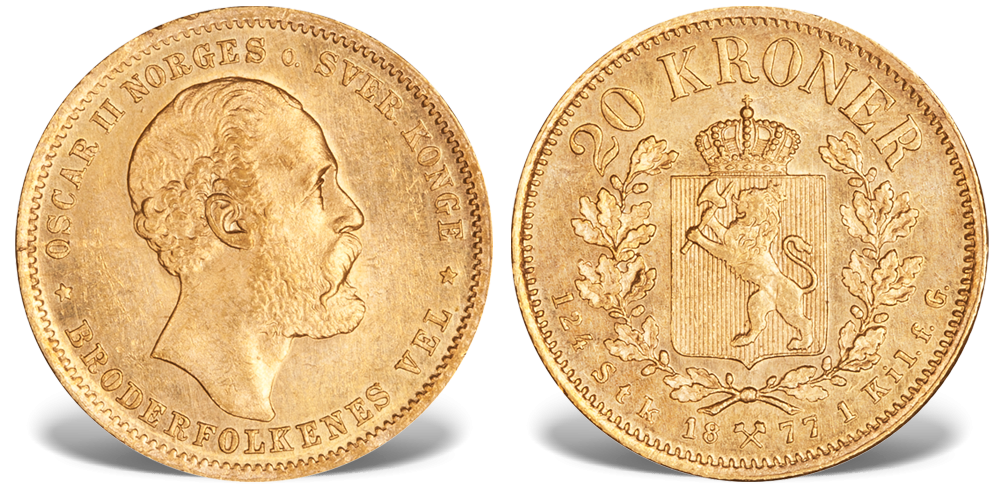 Norge Oscar II 20 kr 1877 gull Norge Oscar II 20 kr 1877 gull