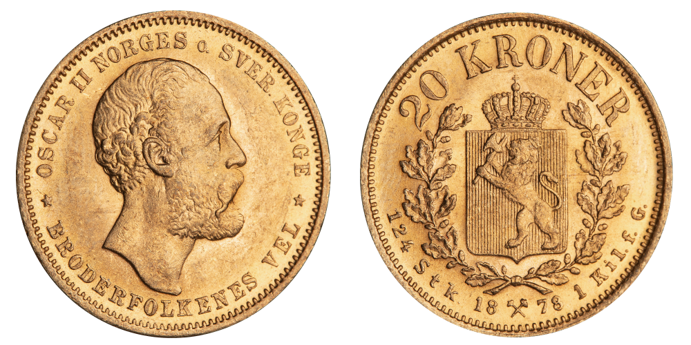  Oscar II 20 kroner gull 1878 advers og revers