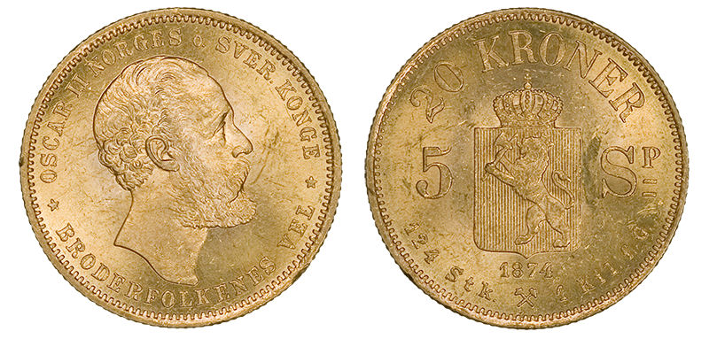 20 kroner / 5 speciedaler 1874 advers og revers