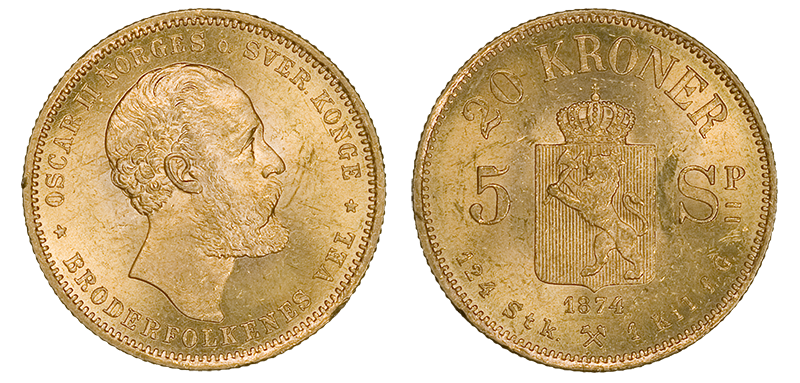 20 kroner / 5 speciedaler 1874 advers og revers 20 kroner / 5 speciedaler 1874 advers og revers