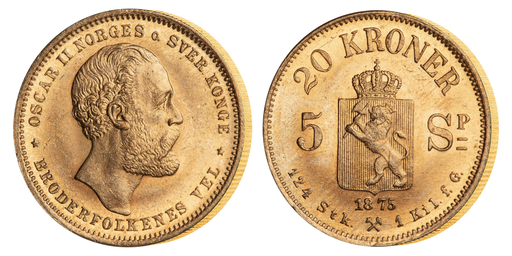 Oscar II 20 kroner / 5 specie 1875 advers og revers