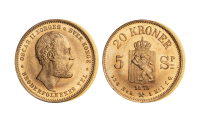 Oscar II 20 kroner / 5 specie 1875 advers og revers