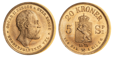  20 kroner / 5 spesiedaler gullmynt - utgitt 1875