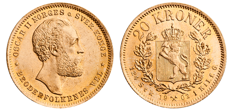 Kong Oscar II og unionstidens aller siste 20 kroner i gull fra 1902