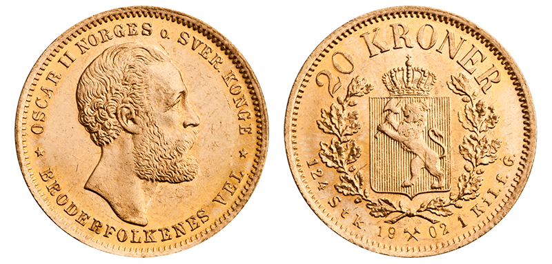 Kong Oscar II og unionstidens aller siste 20 kroner i gull fra 1902 Kong Oscar II og unionstidens aller siste 20 kroner i gull fra 1902