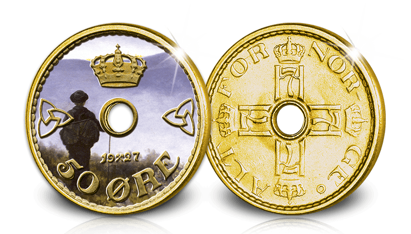 Originalmynt med 24 karat gull og fargepreg