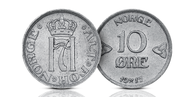 Original norsk 10-øre i sølv fra Haakon VII Original norsk 10-øre i sølv fra Haakon VII