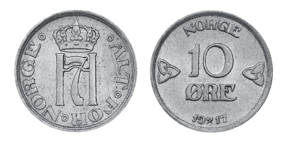 Original norsk 10-øre i sølv fra Haakon VII