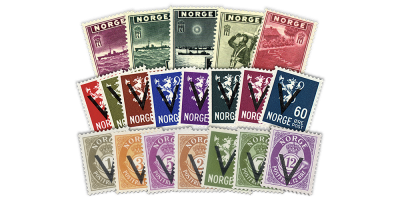 20 ekte norske frimerker fra 2. verdenskrig 