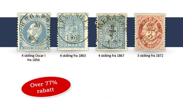 Fire originale skillingsfrimerker fra 1800-tallet for kun 195 kr!
