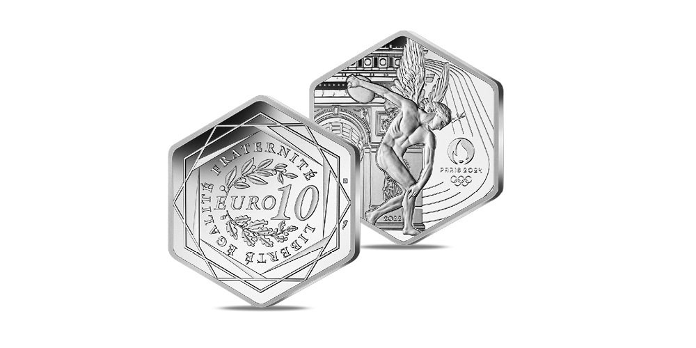 Sekskantet sølvmynt preget av Monnaie de Paris