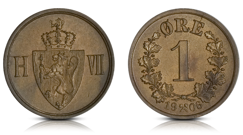 Kong Haakon VIIs aller første 1-øre i bronse 