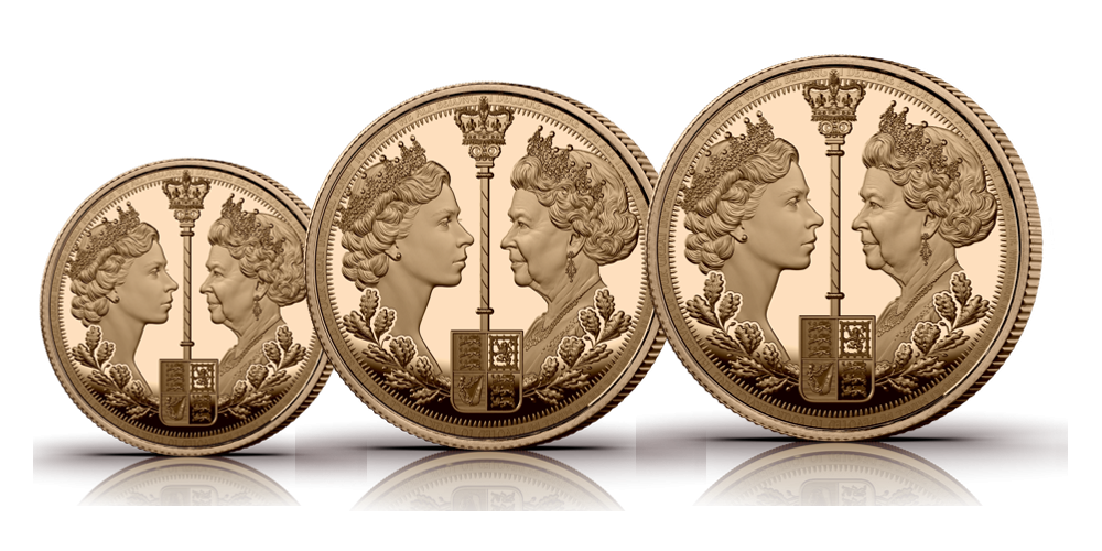 Dronning Elizabeth II 3-myntsett Sovereign 2022 revers Dronning Elizabeth II 3-myntsett Sovereign 2022 revers