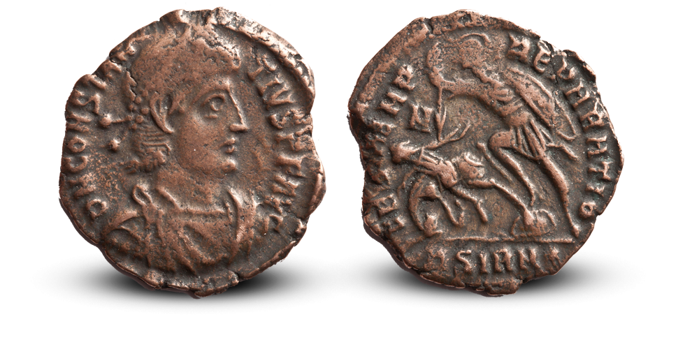 Nesten 1700 år gammel, ekte romersk mynt fra Konstantin den stores sønn, Konstantius II. Nesten 1700 år gammel, ekte romersk mynt fra Konstantin den stores sønn, Konstantius II.