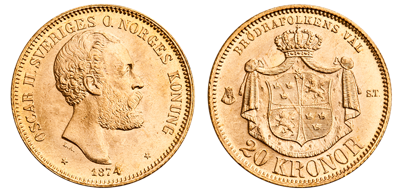20 kronor 1874 advers og revers side
