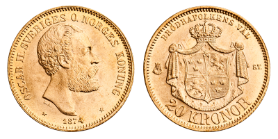 Original 20 kronor gullmynt utgitt under Oscar II i 1874
