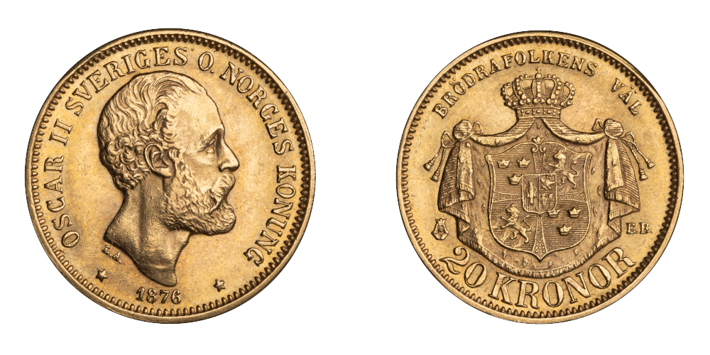 Original 20 kronor gullmynt utgitt under Kong Oscar II i 1876