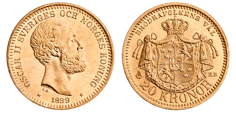 Illustrasjonsbilde av 20 kronor 1890 - faktisk mynt har årstall 1890 Illustrasjonsbilde av 20 kronor 1890 - faktisk mynt har årstall 1890