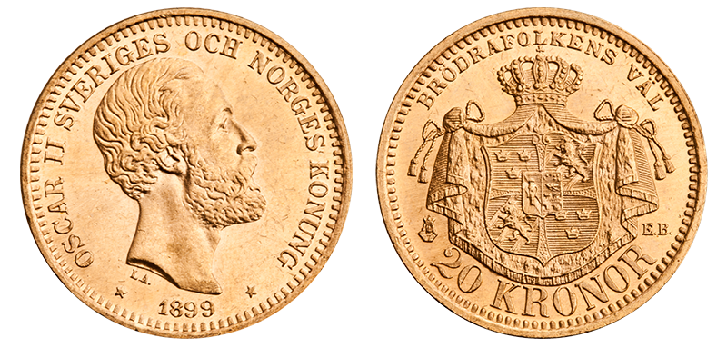 Original 20 kronor gullmynt utgitt under Kong Oscar II i 1899