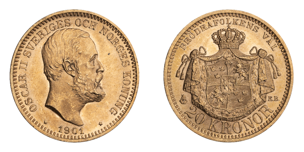 Original 20 kronor gullmynt utgitt under Kong Oscar II i 1901