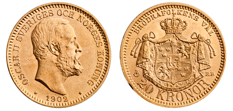 Svensk 20 kronor i gull utgitt i 1902 Svensk 20 kronor i gull utgitt i 1902