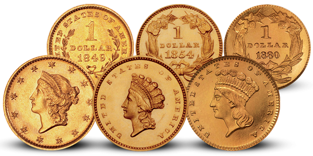USA 1$ gull sett med 3 mynter 1849-1889