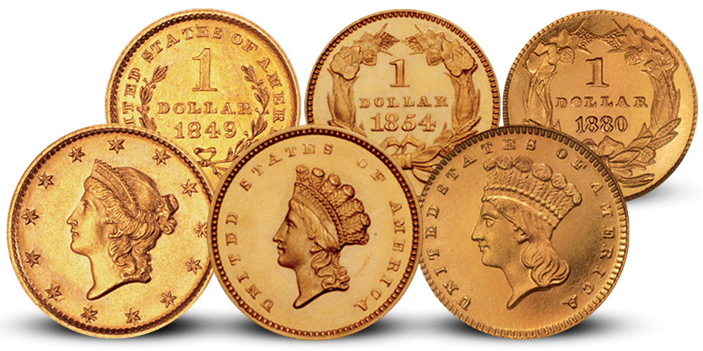 USA 1$ gull sett med 3 mynter 1849-1889 USA 1$ gull sett med 3 mynter 1849-1889