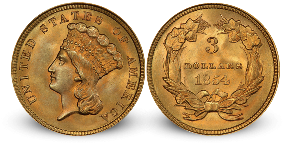 USA 3 dollar Indian Princess 1854 gullmynt USA 3 dollar Indian Princess 1854 gullmynt