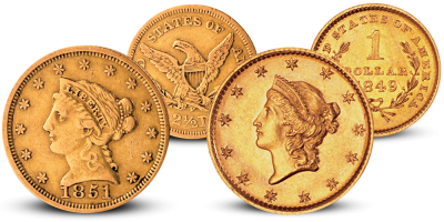 USA California Gold Rush 1 & 2,5 $ - utgitt 1849-54 