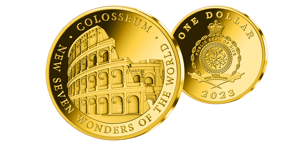 Minnemynt belagt med gull og motiv av verdensarven Colosseum